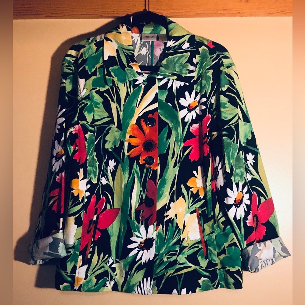 Chico's Bright Multi Color Daisy Flower Cotton/Spandex Button Jacket
